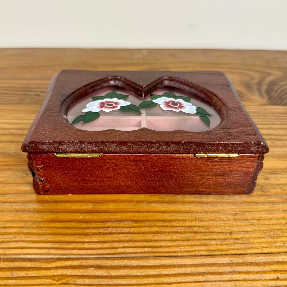Vintage Wooden Jewelry Box | Heart Window Lid with Floral Inlay - Picture 10 of 13